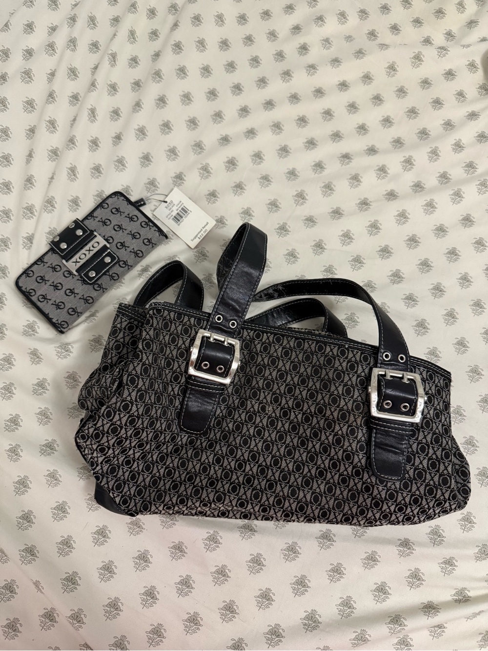 XOXO Black and Gray Monogram Shoulder Bag with Matching Wallet